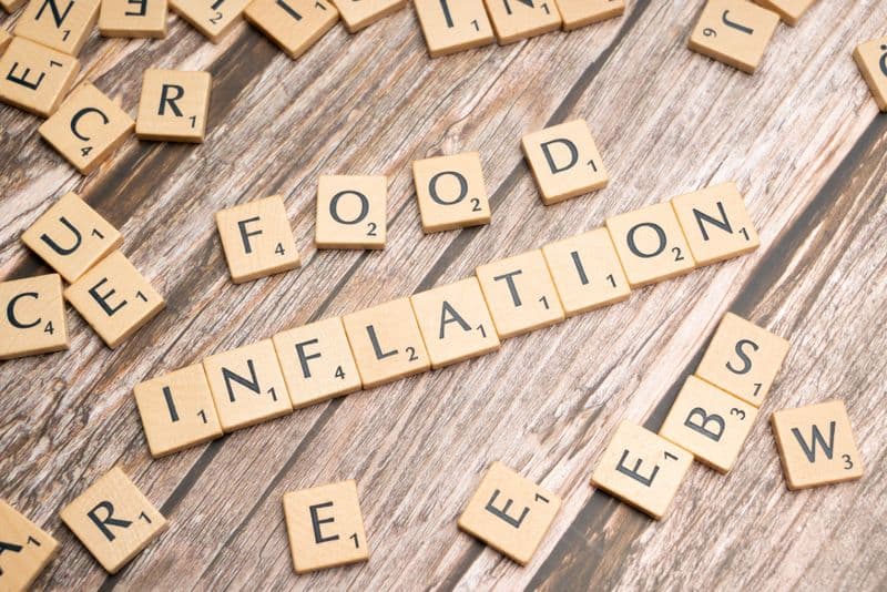 Wooden tiles spelling Food Inflation on a table